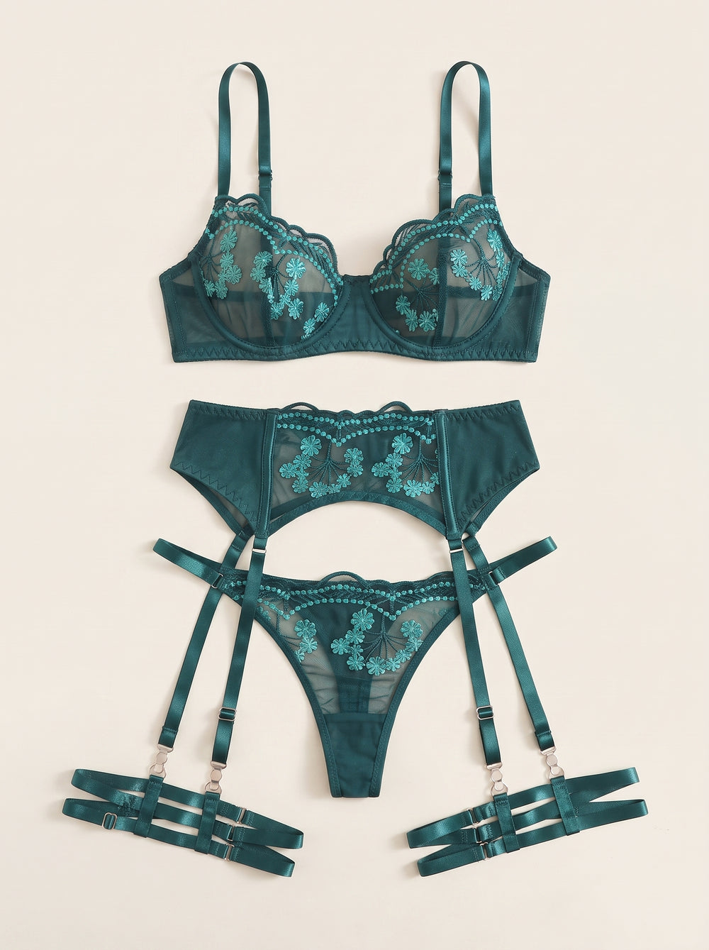 Teal Floral Embroidered Mesh Lingerie Set with Strappy Detail