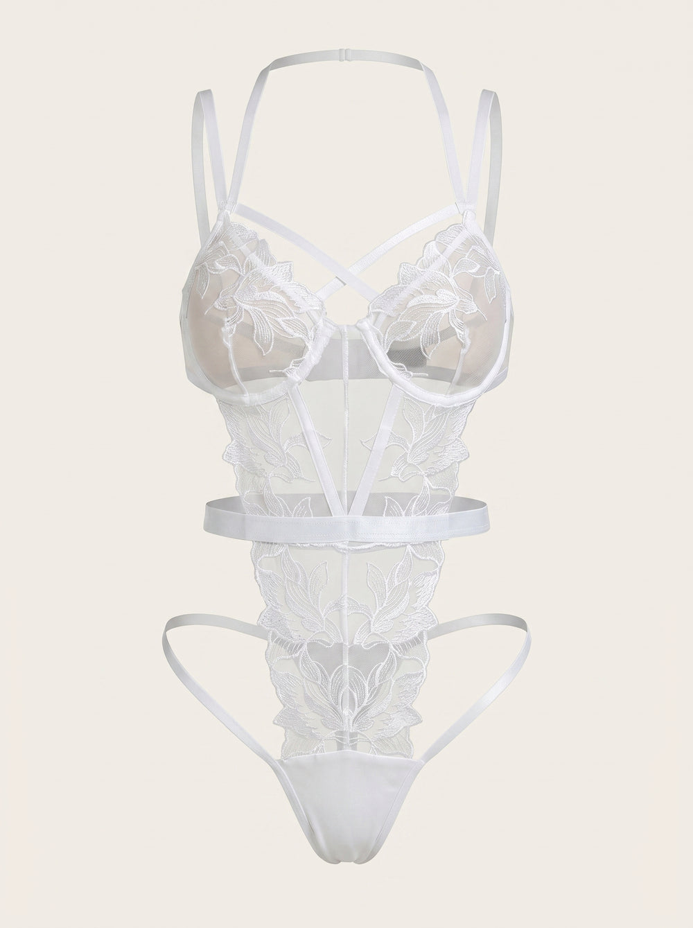White Floral Embroidered Mesh Lingerie Set with Garter Belt and Strappy Detail