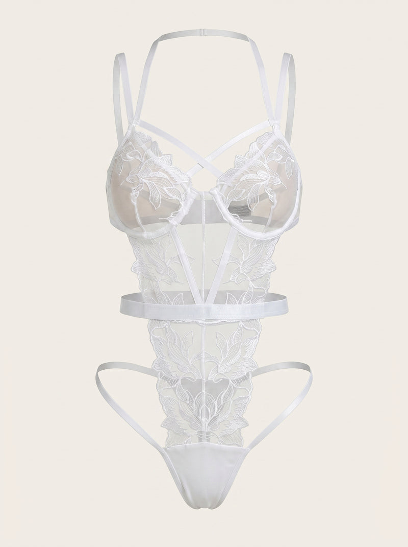 White Floral Embroidered Mesh Lingerie Set with Garter Belt and Strappy Detail
