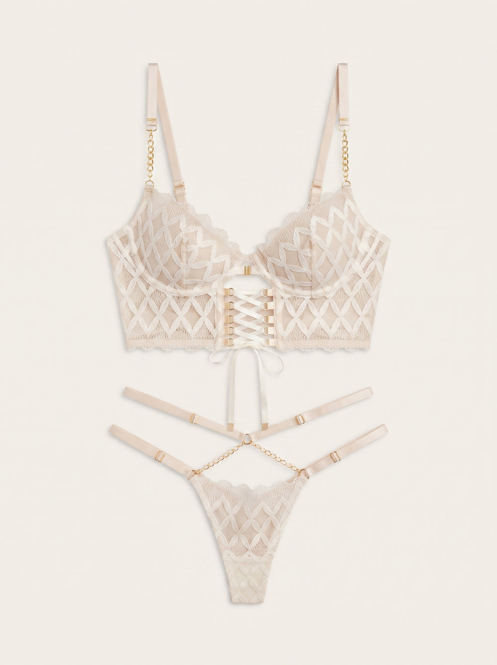 White Lattice Lace Lingerie Set with Garter Belt and Strappy Sheer Details