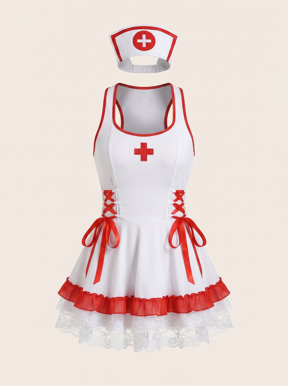 White Nurse Costume Dress with Ruffle and Lace Trim