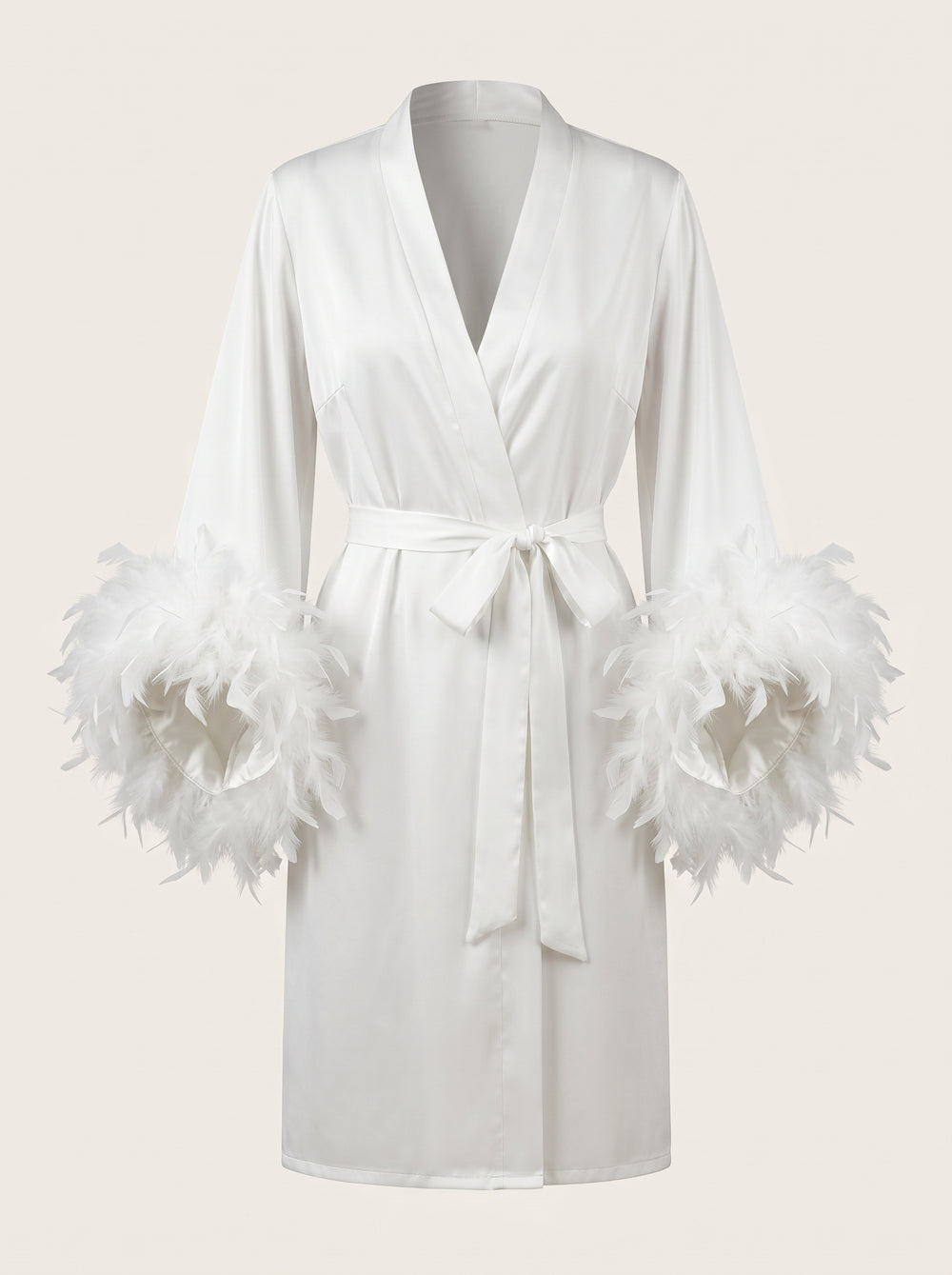White Satin Kimono Robe with Feather Trim