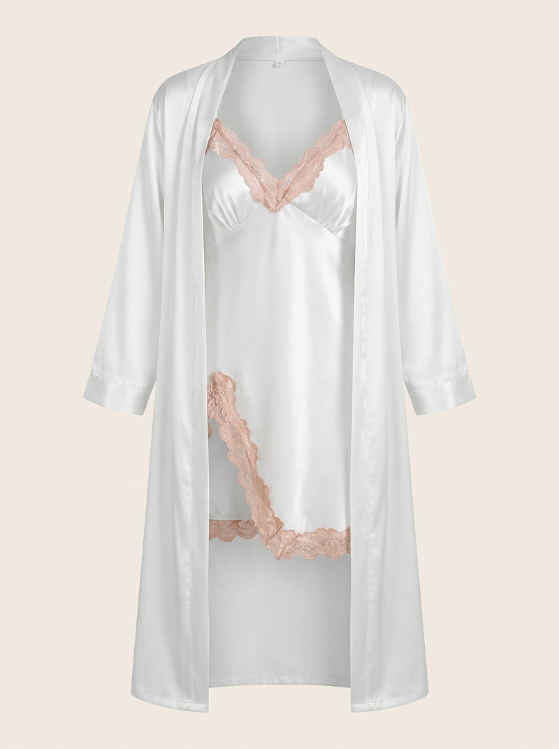 White Satin Robe and Nightgown Set with Lace Trim