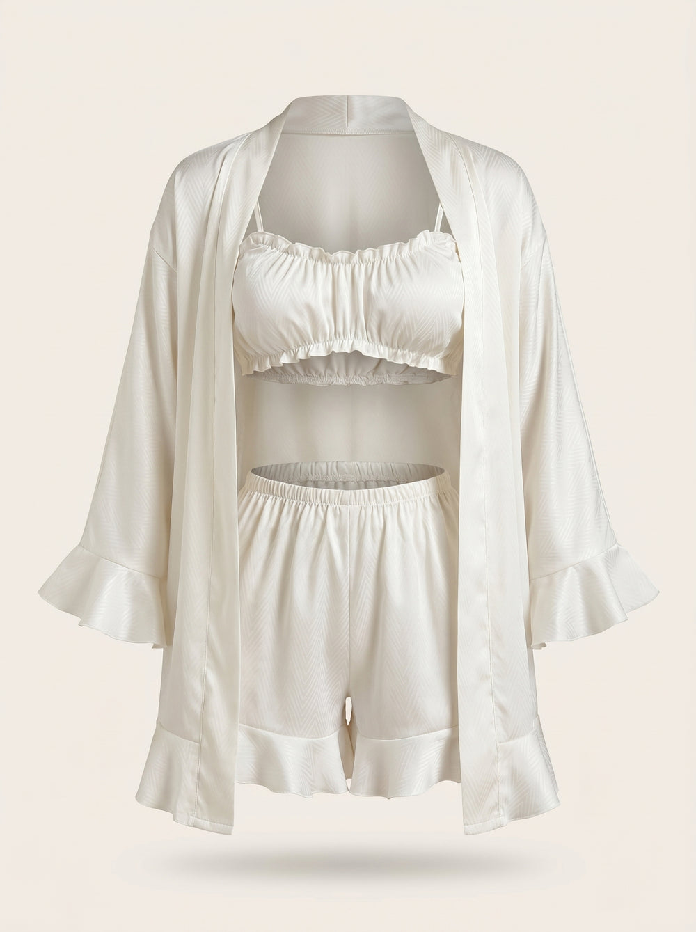 White Satin Pajama Set with Ruffle Details